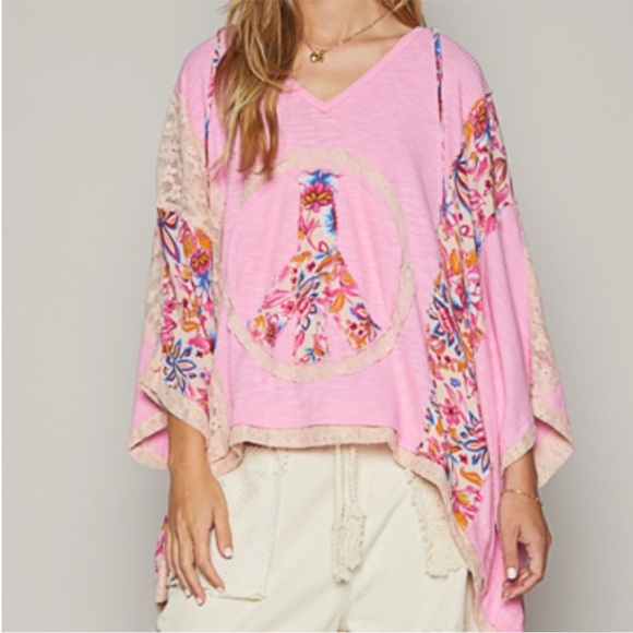 POL Tops - NEW POL Pink Blush Oversized Peace Sign Floral Mixed Media V-Neck Hoodie Top S